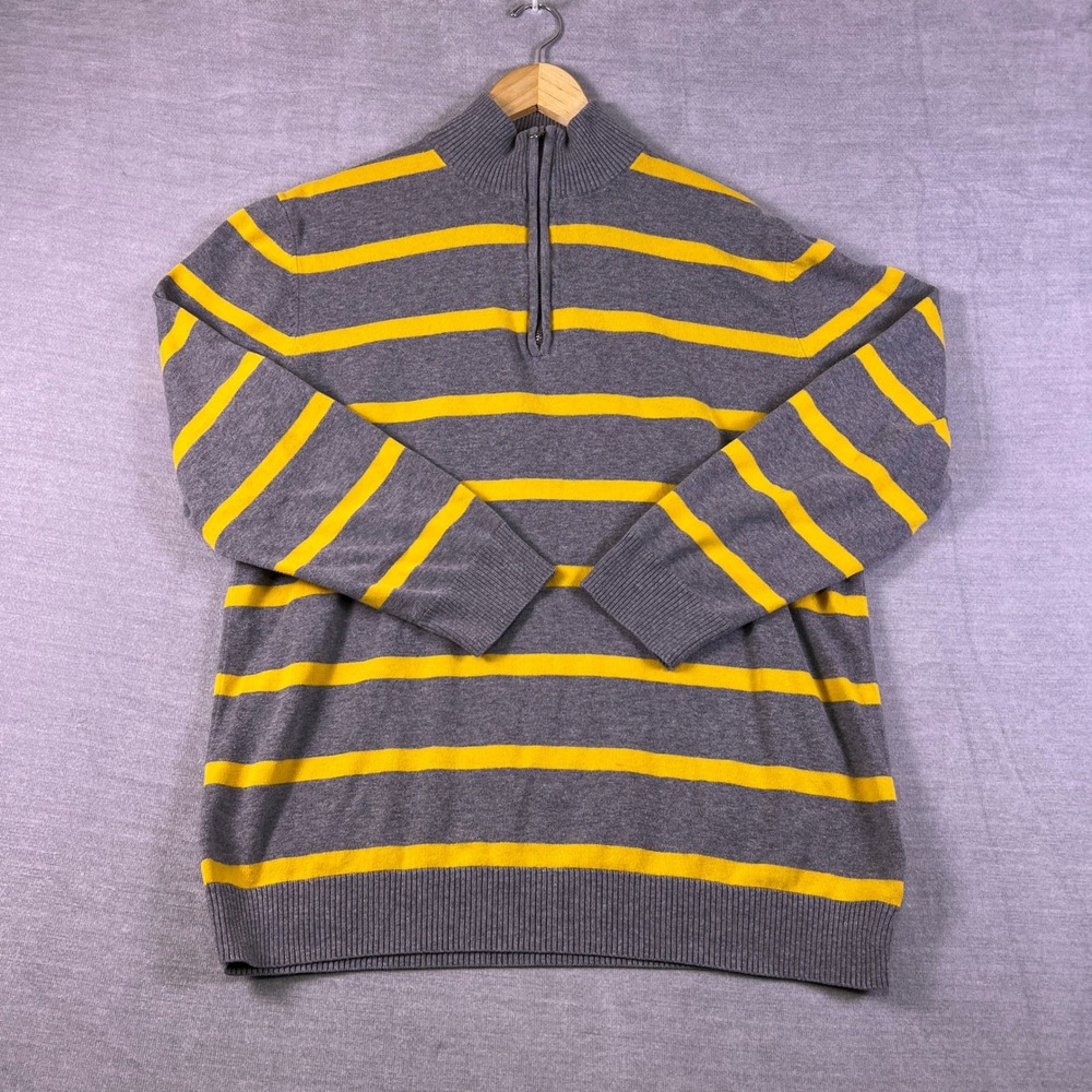 Old Navy Striped Quarter Zip Mock Neck Sweater Mens XL Gray Yellow Cotton